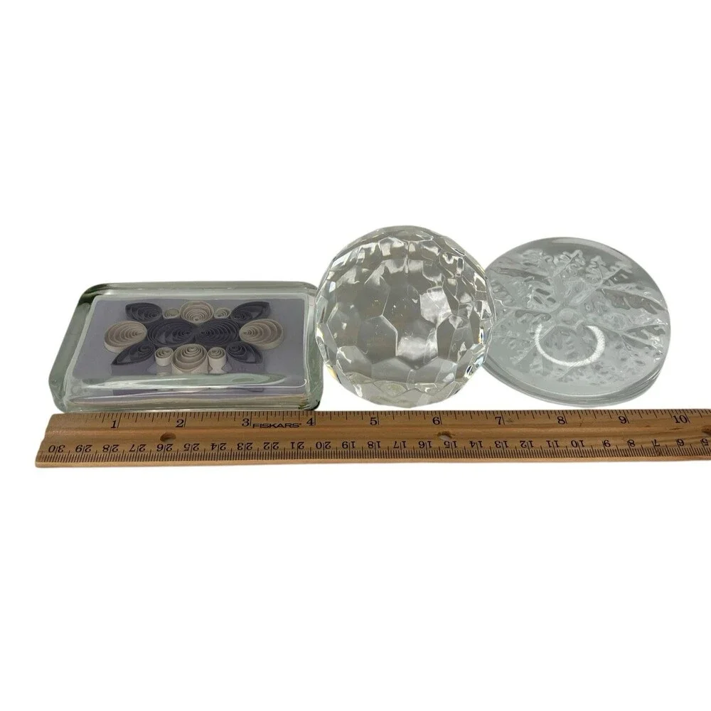 Vtg Mixed Crystal Glass Art Paperweight Lot of 3‎ Paper Quilled, Faceted, Domed